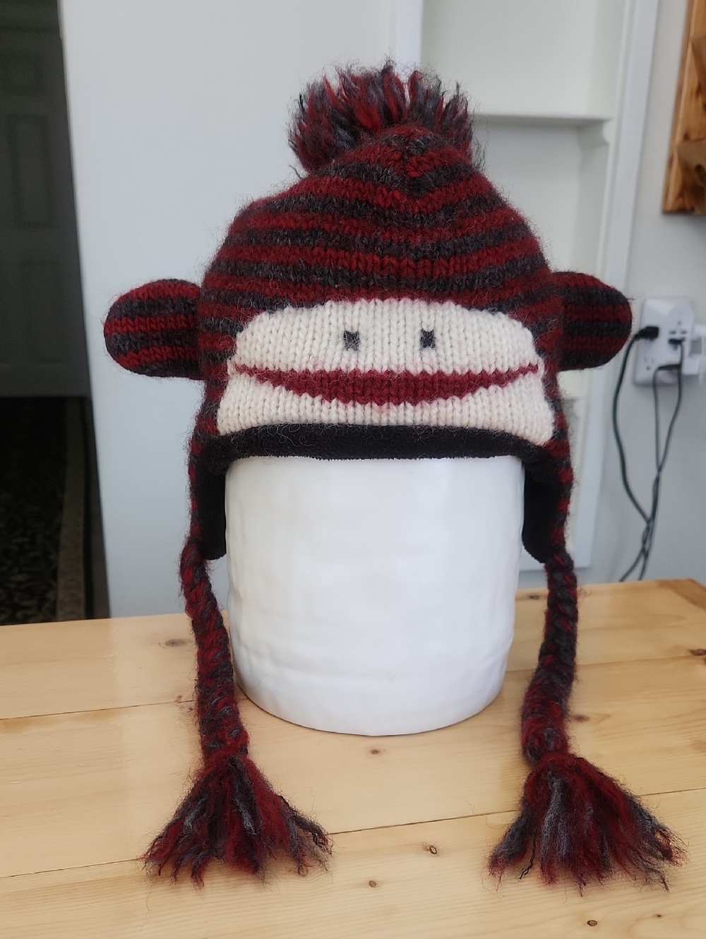 DeLux KNITWITS Striped Adult SOCK MONKEY Hat Wool Blend Fleece Lined